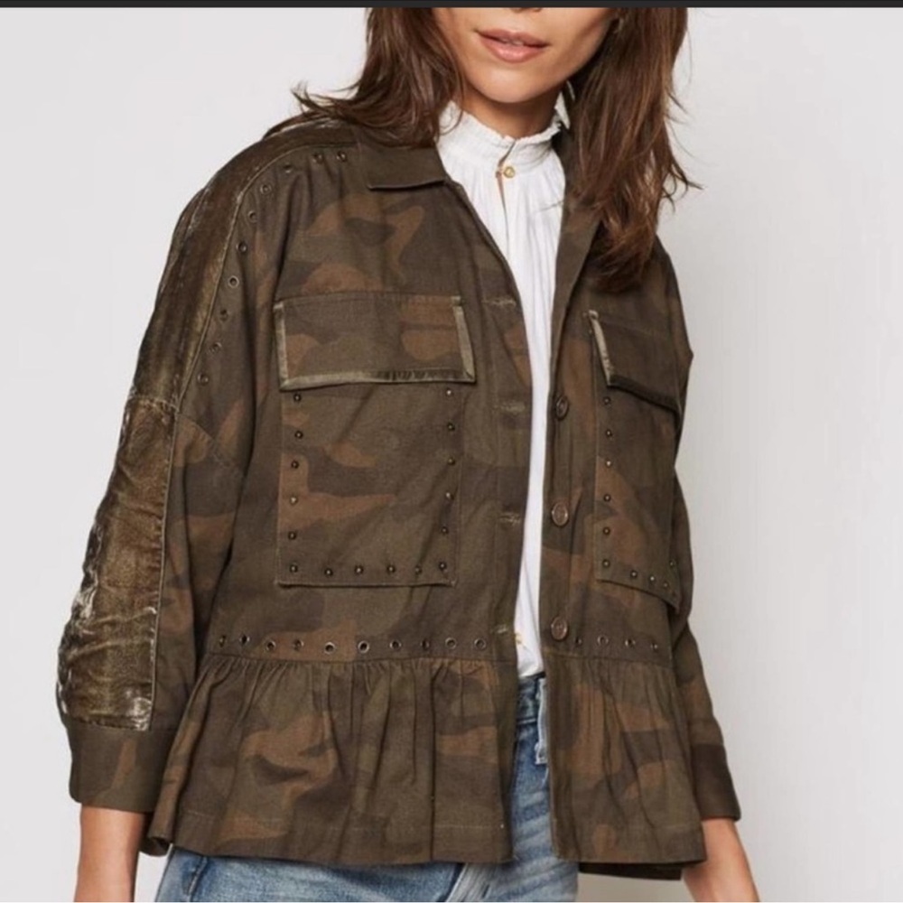 Joie Samia Camo Ruffle Embellished Studded Oversized Jacket
